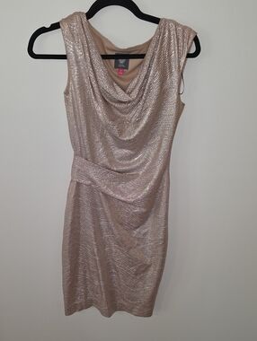 Vince Camuto Metallic Rose Gold Cowl Neck Midi Dress
